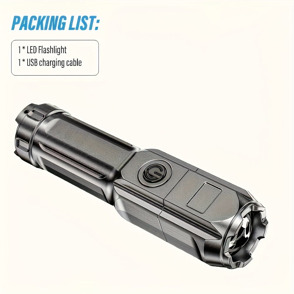 TEMU 1pc Portable Handheld Flashlight, Led Rechargeable Flashlight, Outdoor Camping Flashlight, Telescopic Zoom, 3 Lighting , Suitable For Camping,