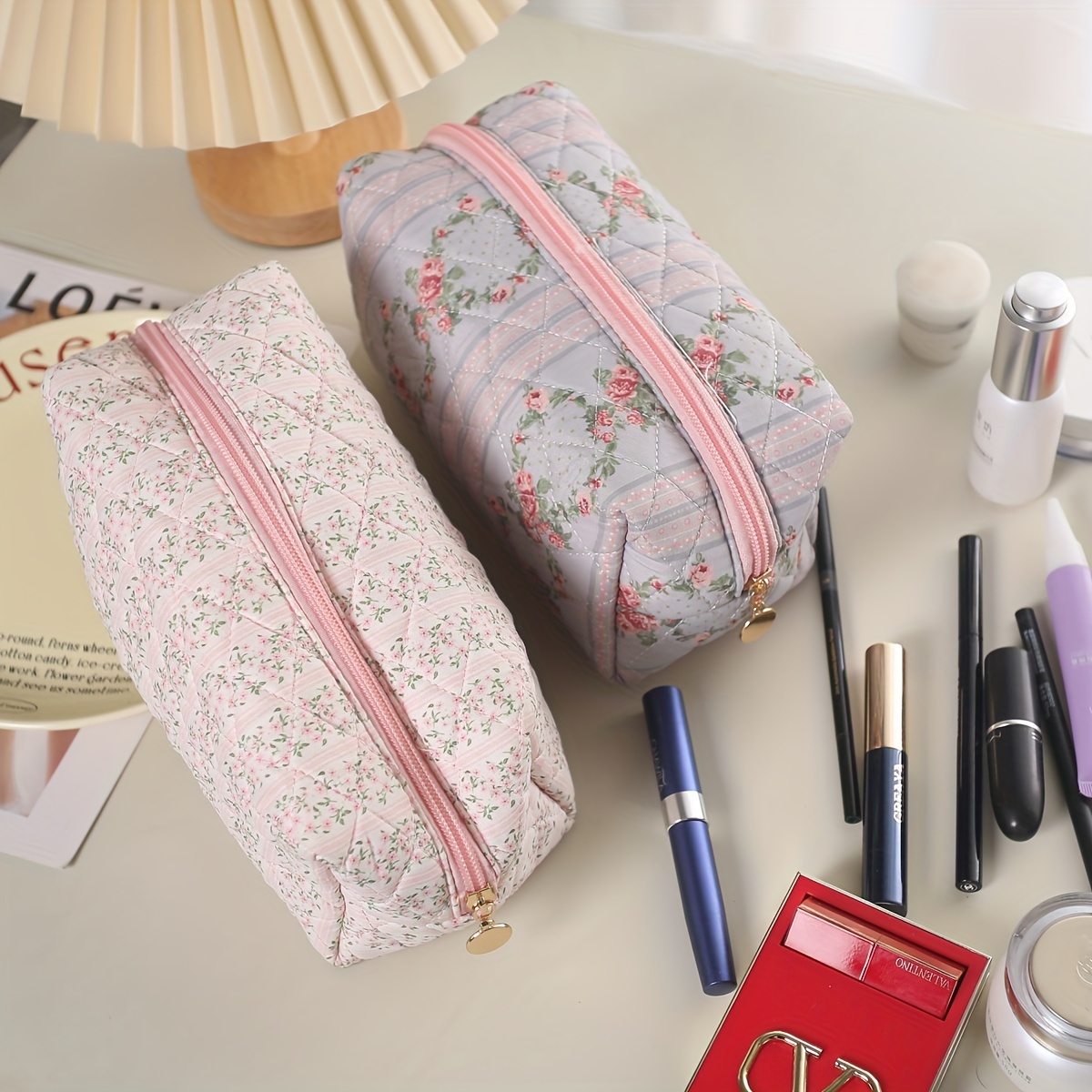 Simple Large Capacity Cosmetic Bag Flower Quilted Makeup - Temu