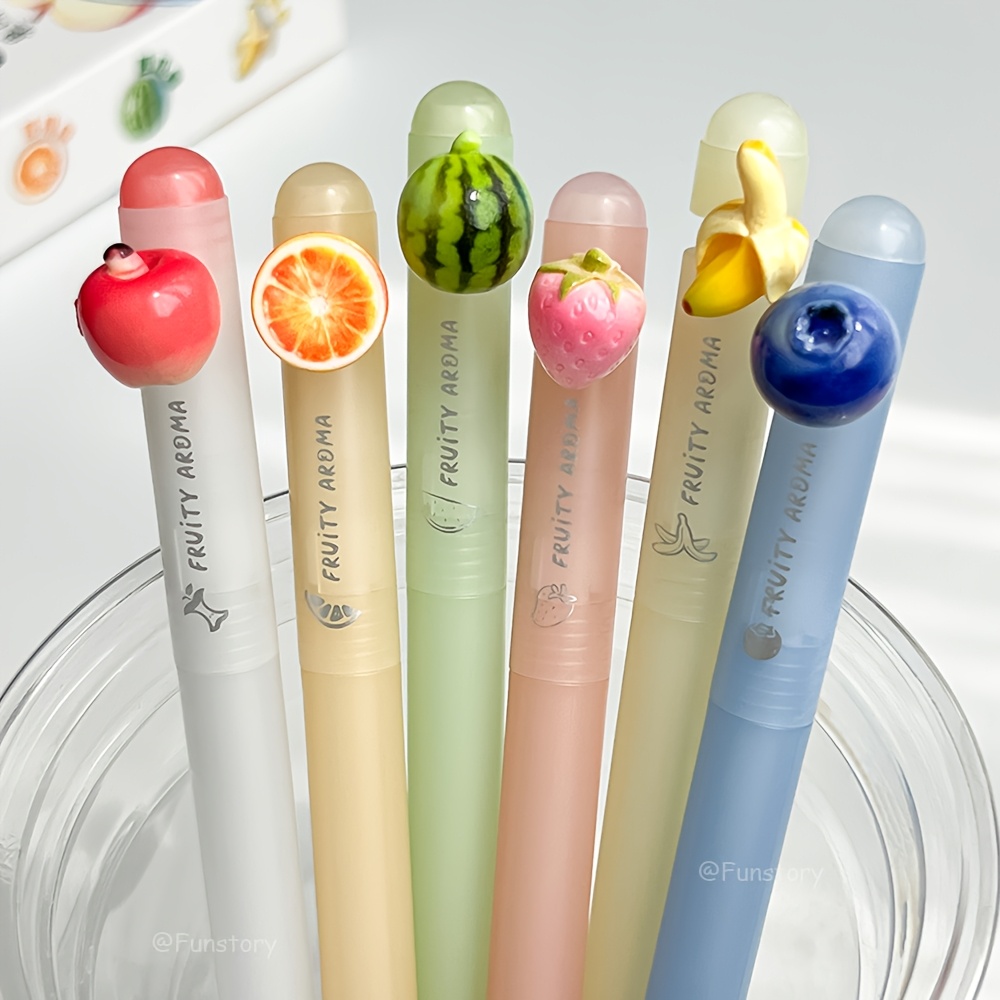 TEMU 6pcs Fruit Pen Set 0.5mm Scented Quick Dry Pens Creative Black Writing Pens Fun Strawberry Blueberry Orange Watermelon Banana Shaped For School