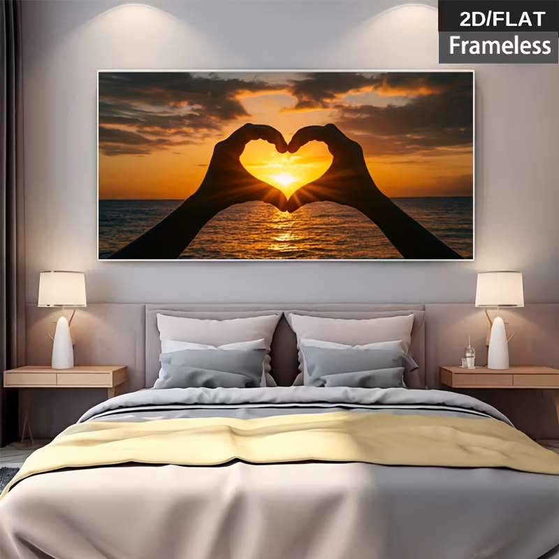 TEMU 2d Flat, 1pc Modern Minimalist Frameless Canvas Poster - Horizontal Sunset Ocean Wall Hands Silhouette, Horizontal Suitable For Living Room,