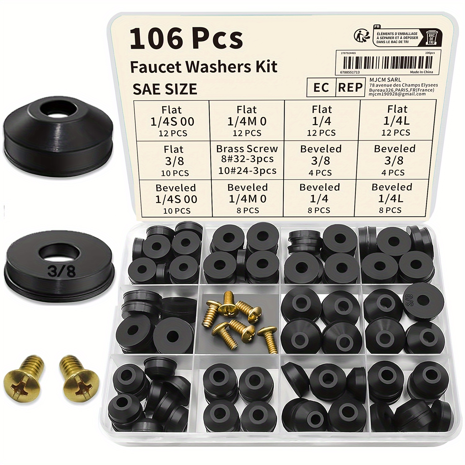 

106-piece Faucet Washer Kit - Round Section -rings 70a Durometer, Assorted Flat & Washers With Brass Screws For Quick Opening Faucet Stem Wear Replacement