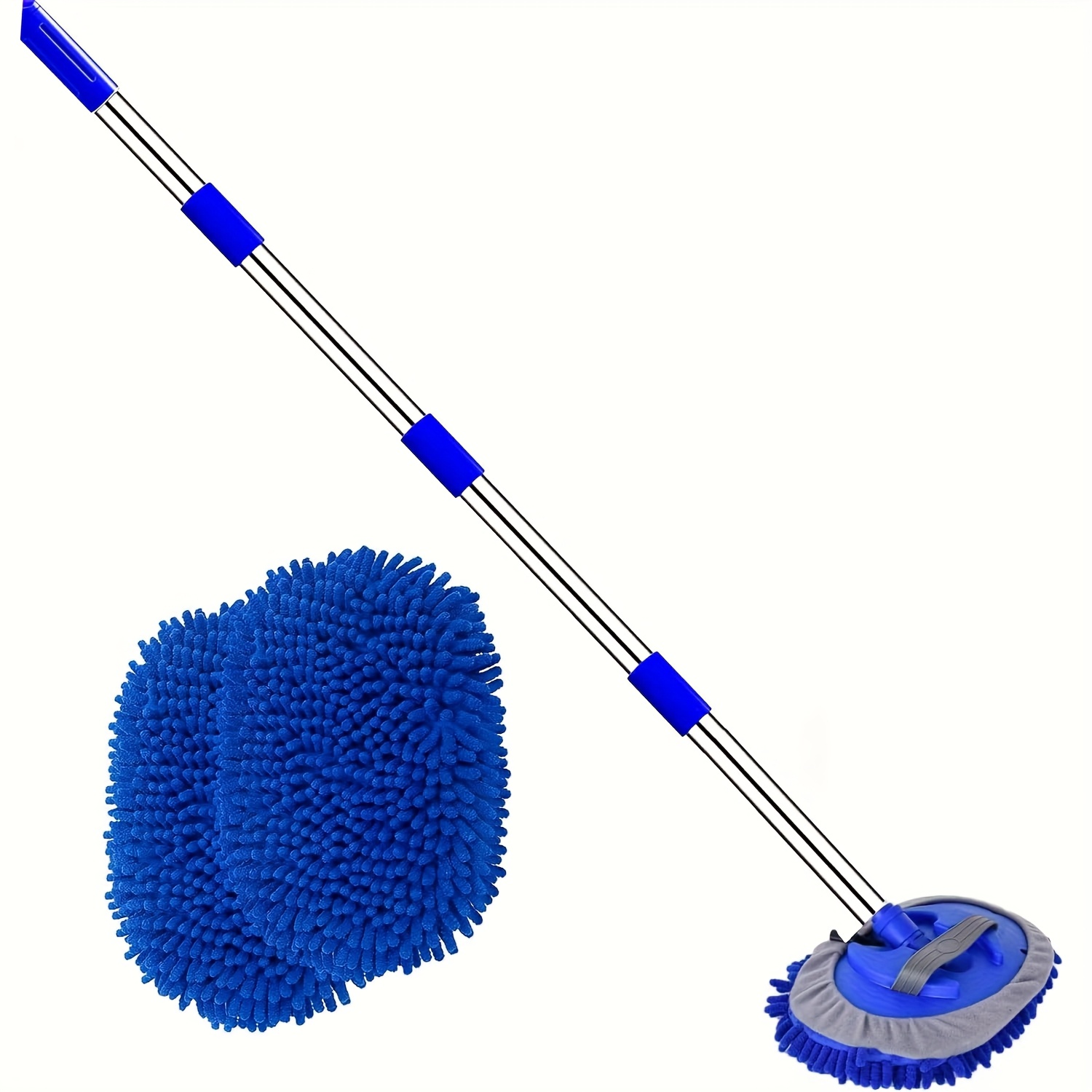 Image of 62" Car Wash Brush Mop Kit With Long Handle, 2in 1 Chenille Microfiber Sponge Mitt Cleaning Detailing Duster For Washing Cars Truck Suv Rv Caravans And Household(2 Head+4 Sections Of Pole)