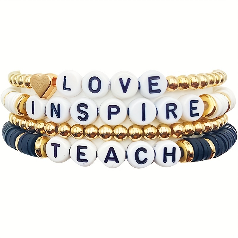 

Handmade Teacher Appreciation Stackable Bracelets, Colorful Soft Clay "love Teach Inspire" Letter Beads, Adjustable Elastic Bracelet Set