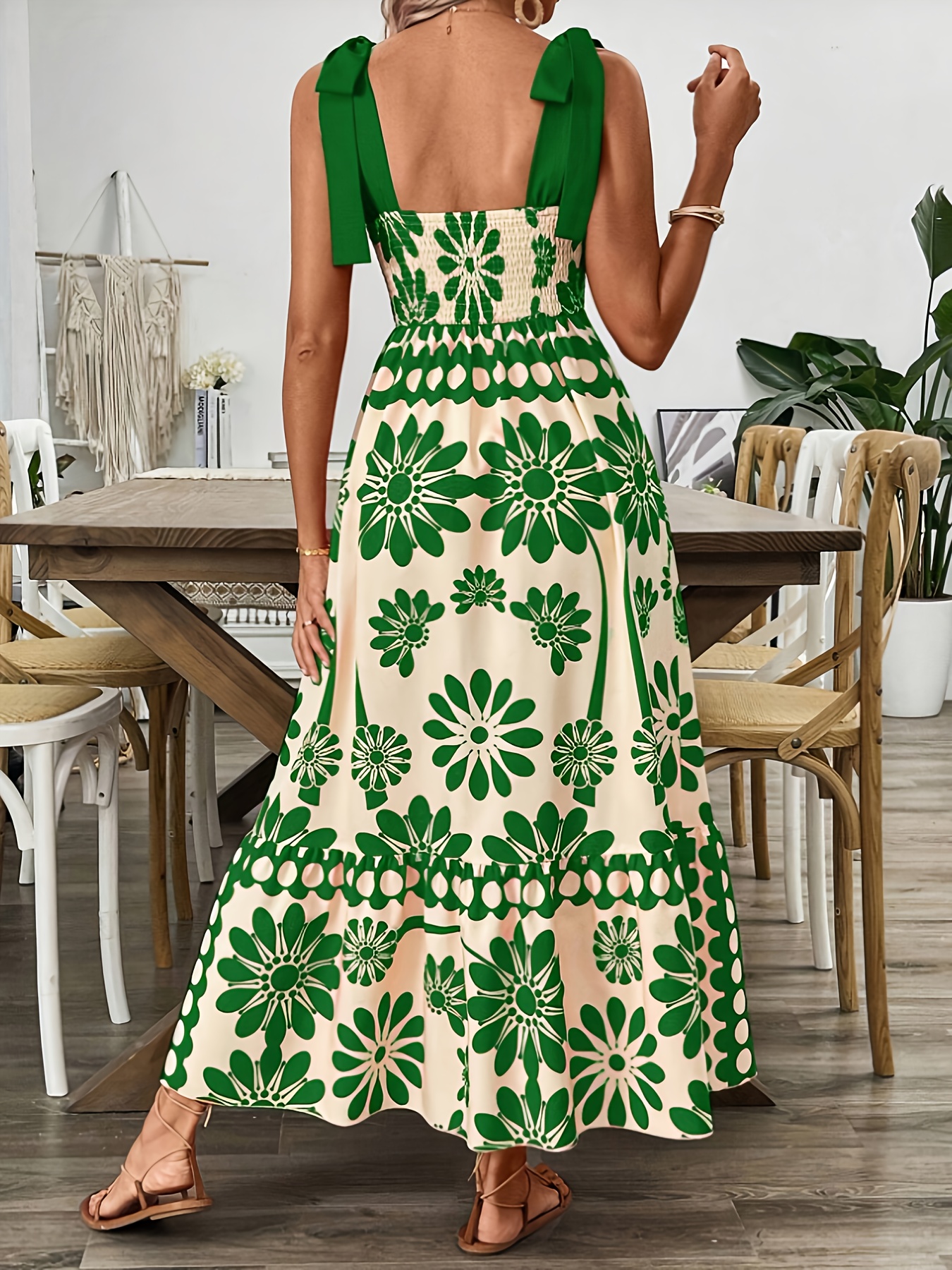 womens floral print maxi dress adjustable straps green white - Temu United  Kingdom