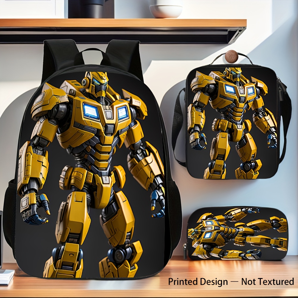 TEMU Automobile Robot 3pcs Stylish Large Capacity Backpack Set, Including Large Capacity Leisure Backpack, 1* Crossbody Bag, 1* Pen Bag, Adjustable