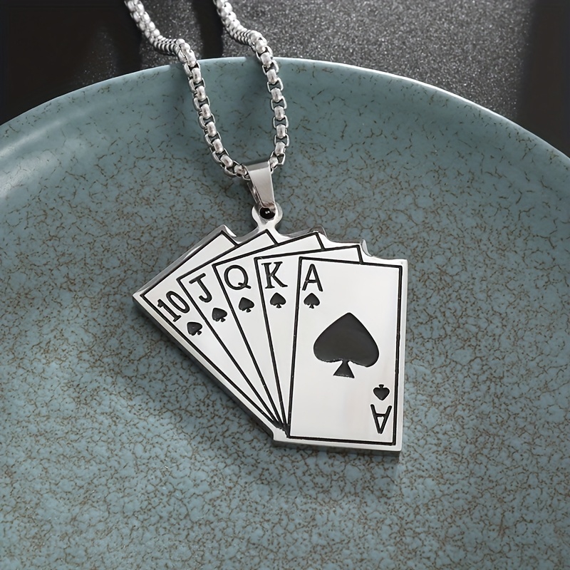 TEMU Collar con tarjeta de juego de acero inoxidable 304 304 304 304 con colgante Royal Flush, diseñado en un estilo vintage con una estética de