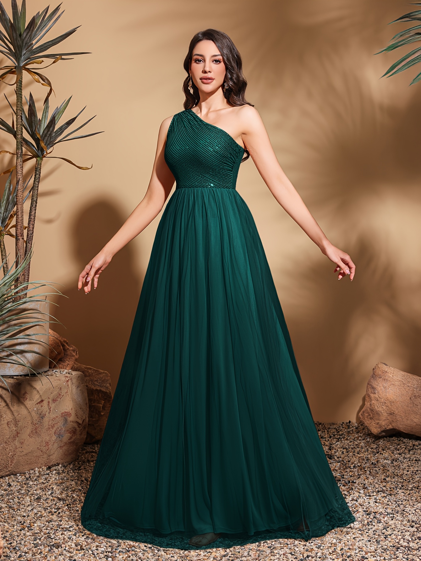 emerald green one shoulder sequin gown mesh overlay elegant Temu