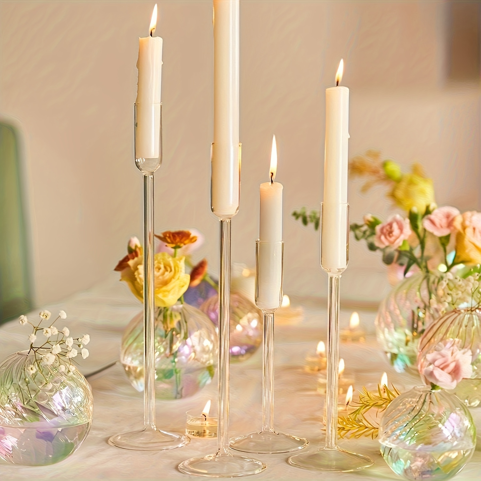 Image of 4pcs Elegant Glass Candle Holder Set - Cone-shaped Centerpieces For Tabletop Decor, Ideal For Wedding, Christmas & , Festive Decoration, Christmas Decor