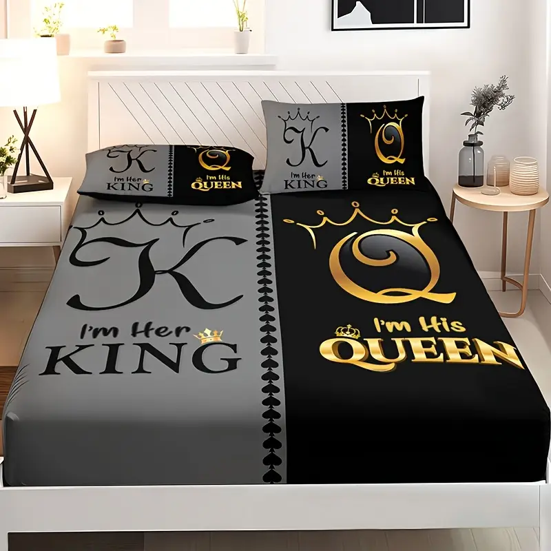 3pcs king queen themed bedding set 100 polyester microfiber breathable machine washable fitted sheet and 2 pillowcases high definition bedroom decor Product details 3