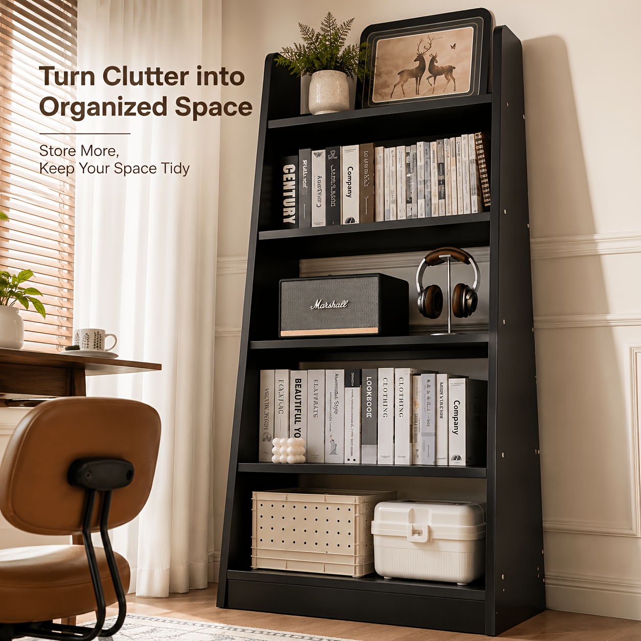 Image of 160 Cm Tall 5-tier Bookshelf, Black Freestanding Office Bookcase With Open Shelves, Space- Storage Rack For Books, Commodity Shelf, Files, Plants And Decor, Home Office, Living Room And Bedroom