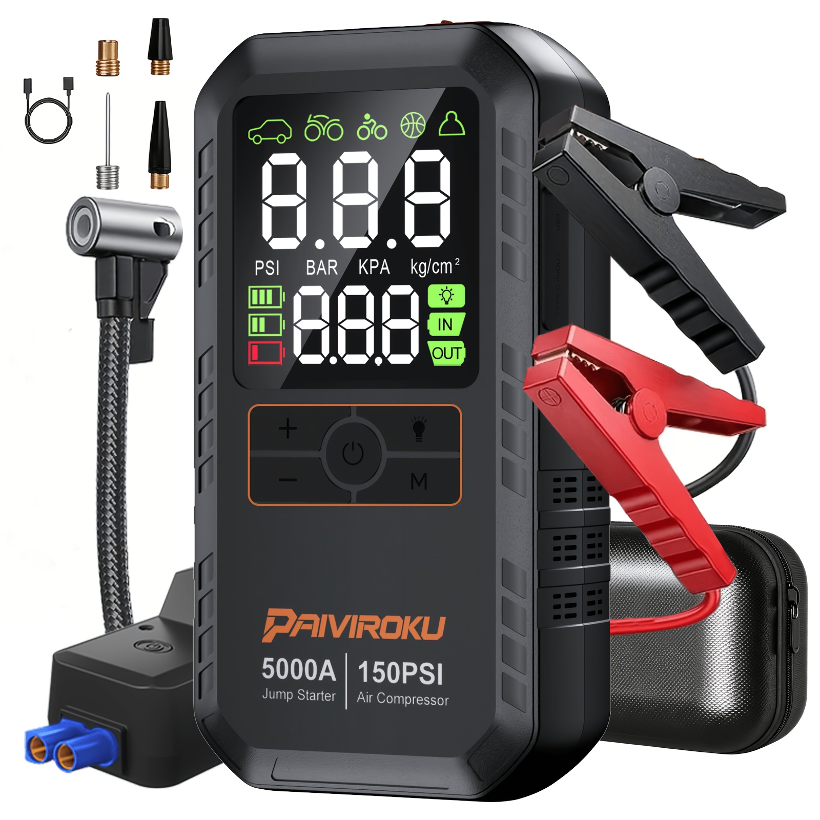 Image of 5000a Car Jump Starter With Built-in 150psi Tire Inflator, 7-in-1 12v Emergency Battery Booster For Cold Weather, 7.0l Gas/6.5l , Lcd Display, Led Emergency Light, Qc3.0 Power Bank, 50