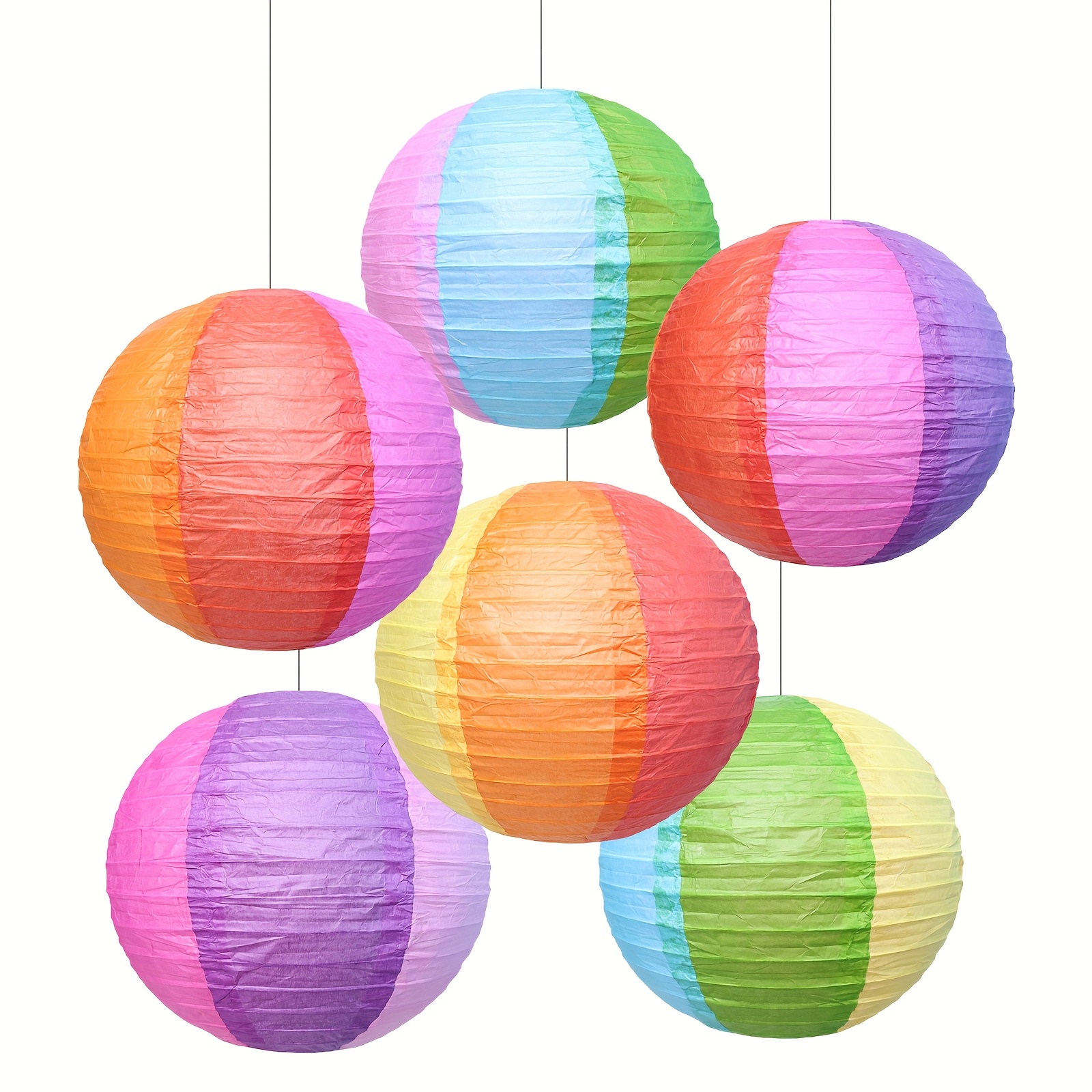 Image of Vibrant 6-pack Rainbow Colored Paper Lanterns (25cm/10inch Diameter) - Festive Party Classroom School Superstore Decorations For Halloween Christmas Celebration