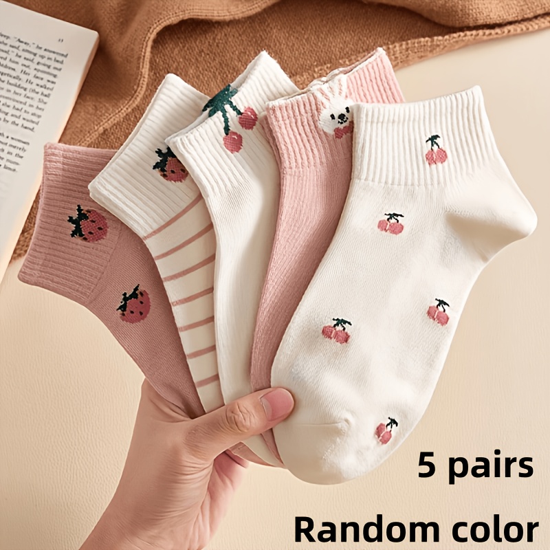 TEMU Paquete de 5 pares de calcetines de mujer aleatorios, con lindos estampados de cereza rosa, fresa y conejo, cómodos y transpirables, diseño de