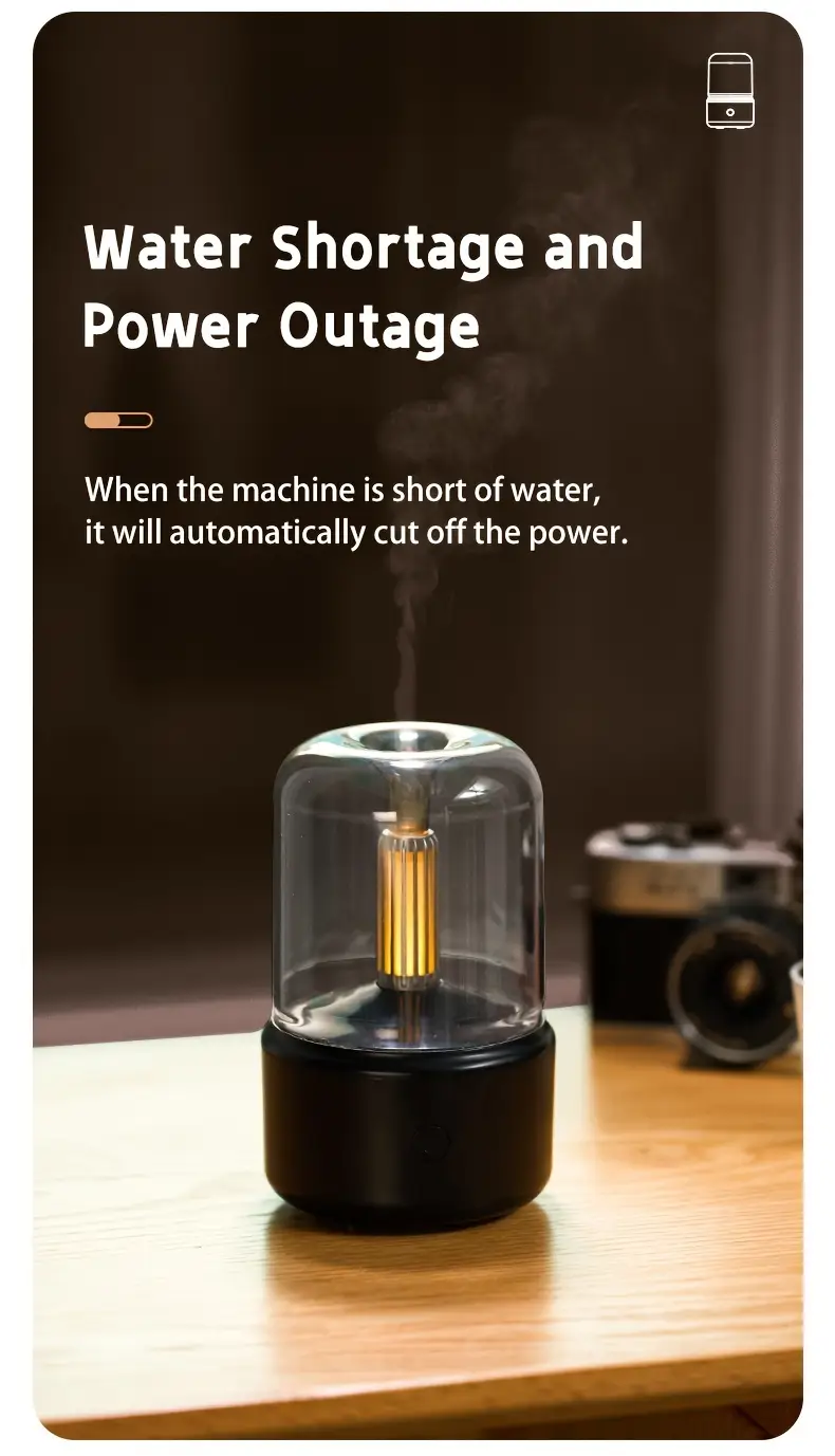 essential oil diffuser with simulated candlelight water shortage power outage protection ultrasonic atomization suitable for 10 20m usb powered key control no battery included details 8