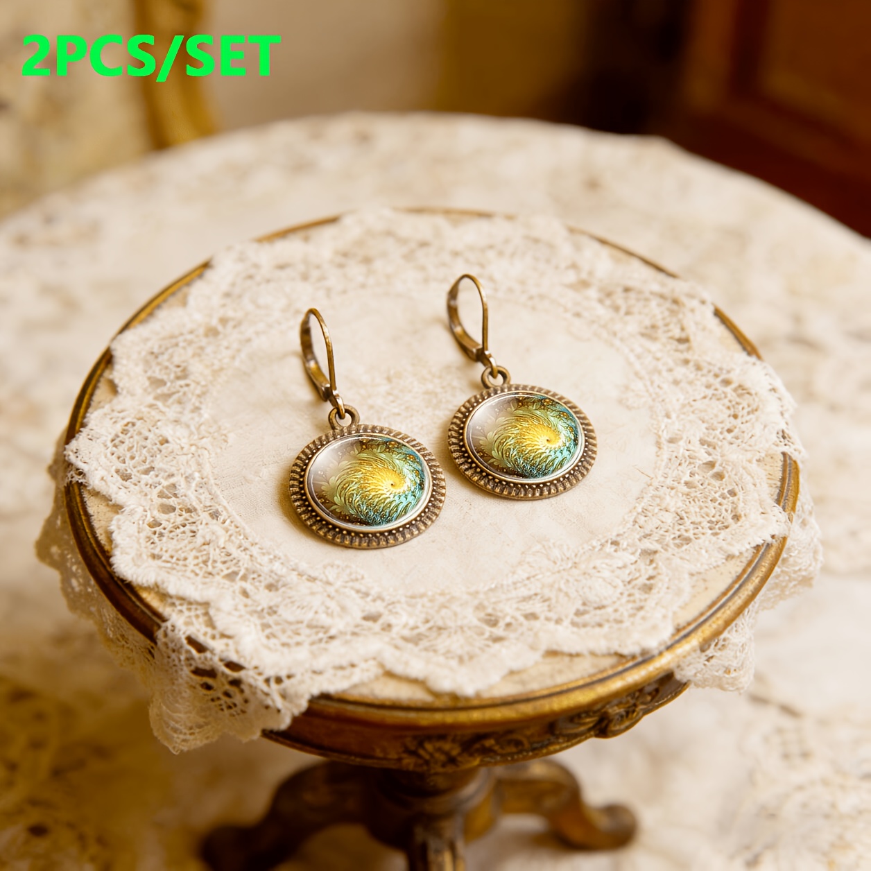 2pc Blue Yellow Center Pendant Earrings Set with Ear Hooks