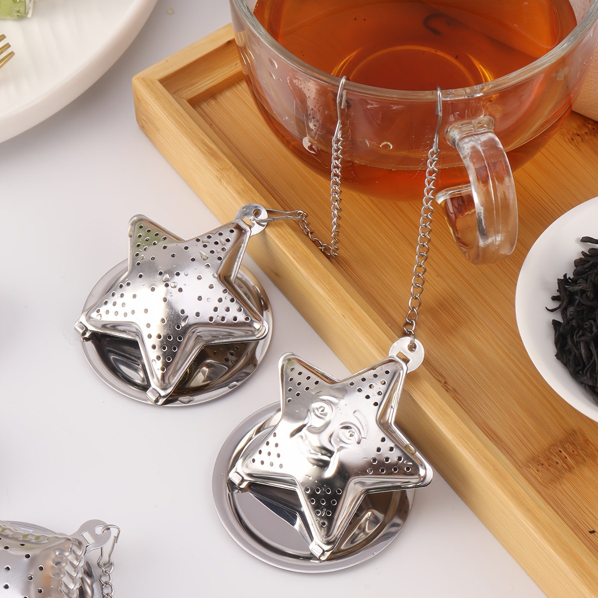 1pc 5pcs stainless steel hanging cup filter tea balls with tray   moon shape ramadan tea separator creative tea balls   shapes suitable for office kitchen baking ramadan valentines day easter thanksgiving details 8