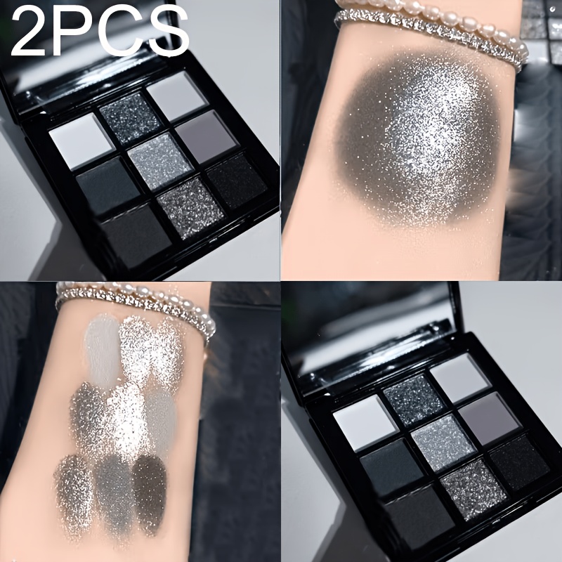 2pcs Black Smoky Eyeshadow Palette - Matte &shimmer Texture, Silvery/white/black, Suitable For Punk Makeup / Smoky Makeup, With White Highlighter To The Eyeshadow