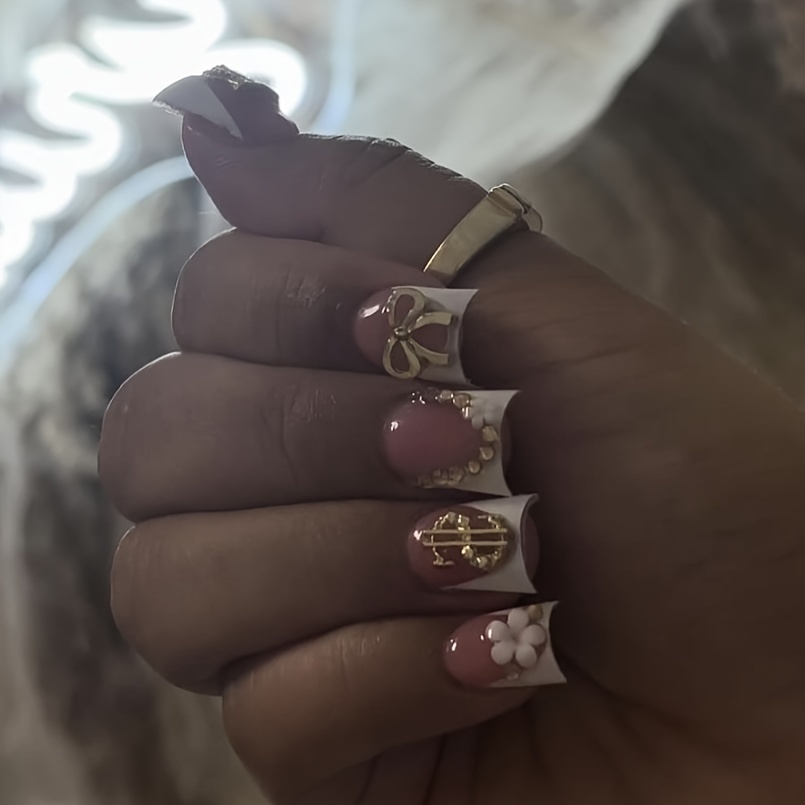 10pcs Handmade Wearable Nails for Women - Full Coverage Reusable Short French Style Press-On Nails with Butterfly Bow, Rhinestone & Floral Design, Nude & Pink Glitter, Duckbill Shape for Everyday or Special Occasions, Fashion Nail Sets, Highquality Pressons, Durable Pressons, Beauty Lovers