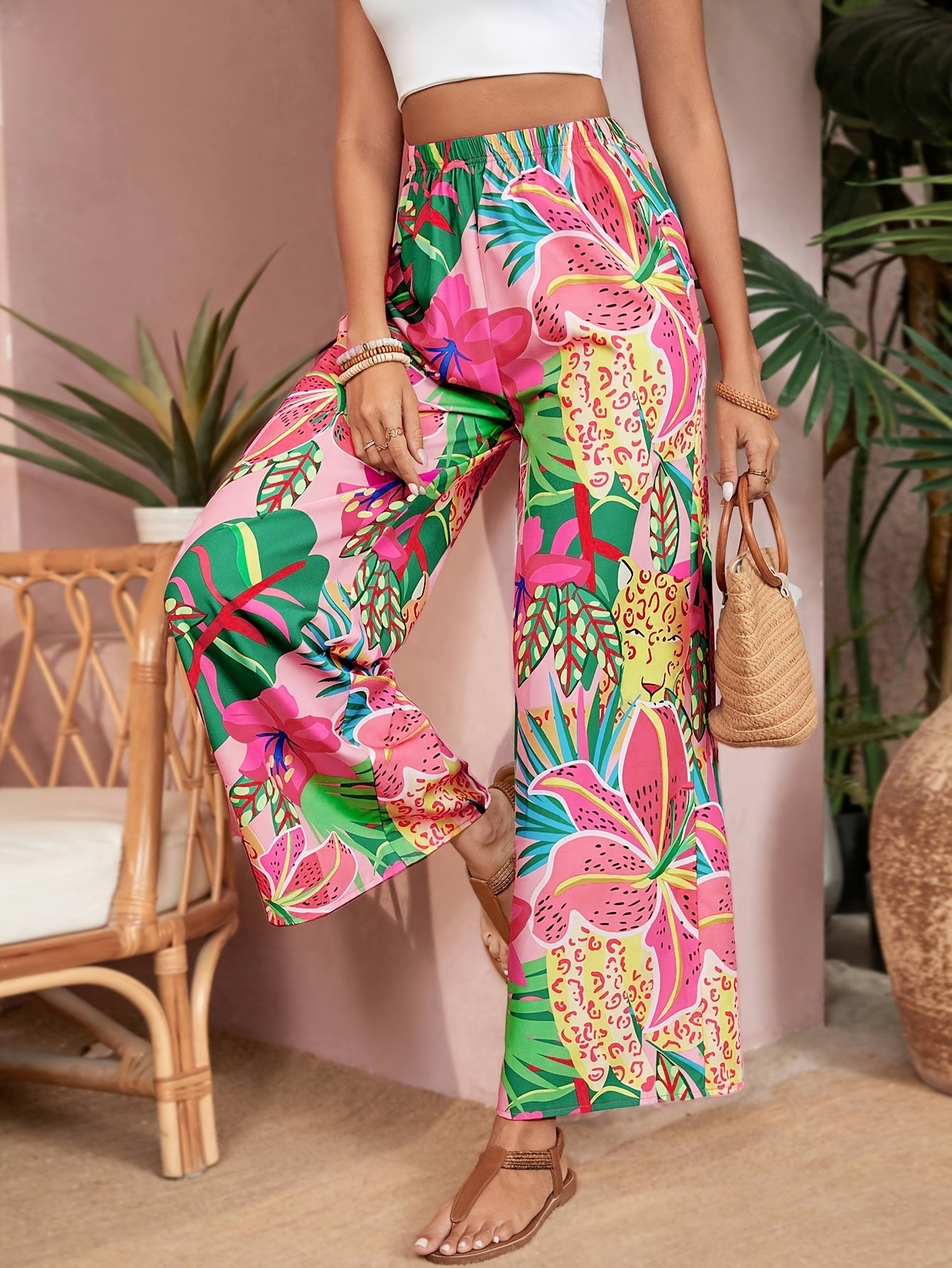 pantalones anchos estampado flores mujer rosa Temu Mexico - Main Image