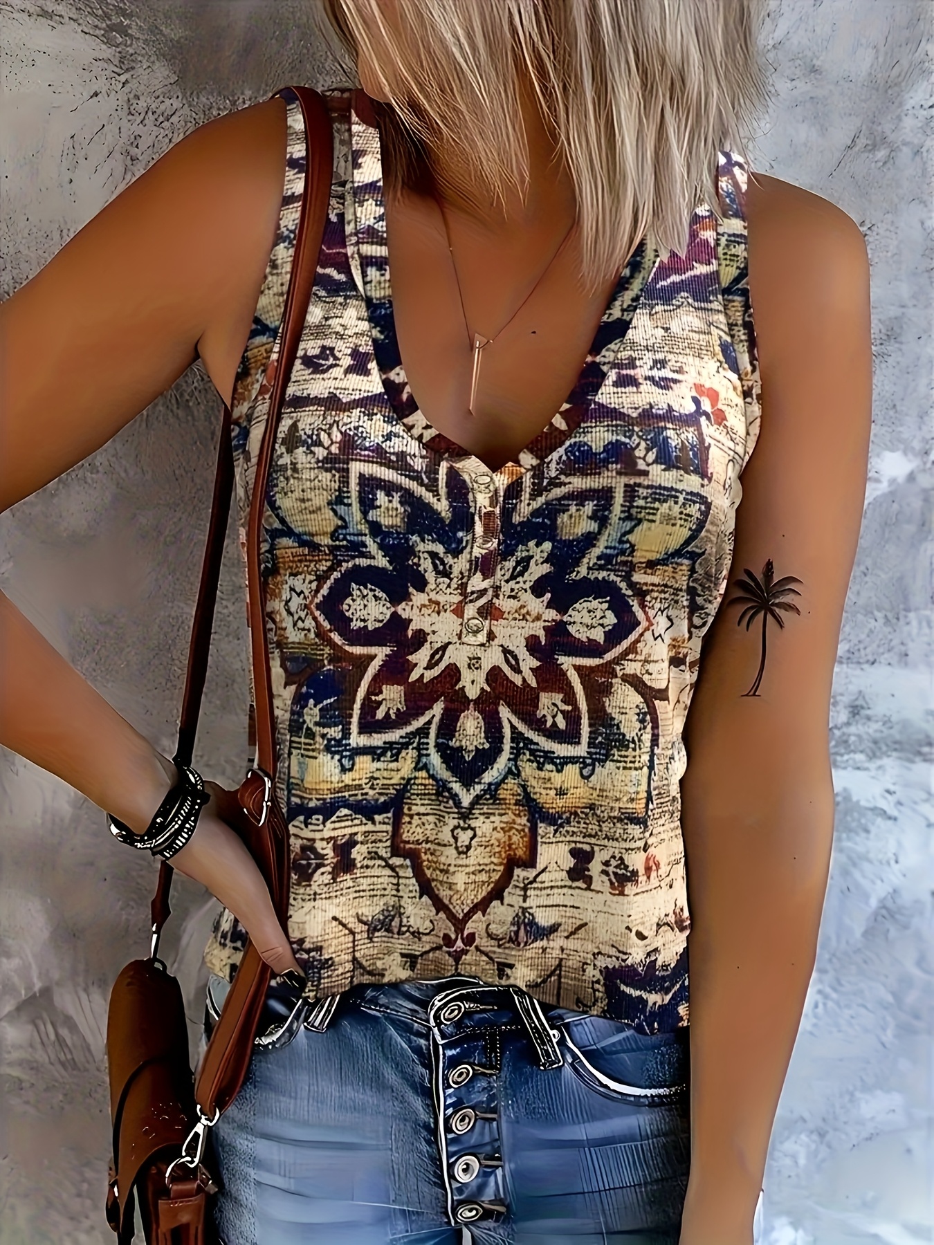 Sexy Women's Boho Style Spaghetti Straps Camisole Vintage Print Tie Back Knot Tube Crop Top Sleeveless Vest Camisoles Fjh
