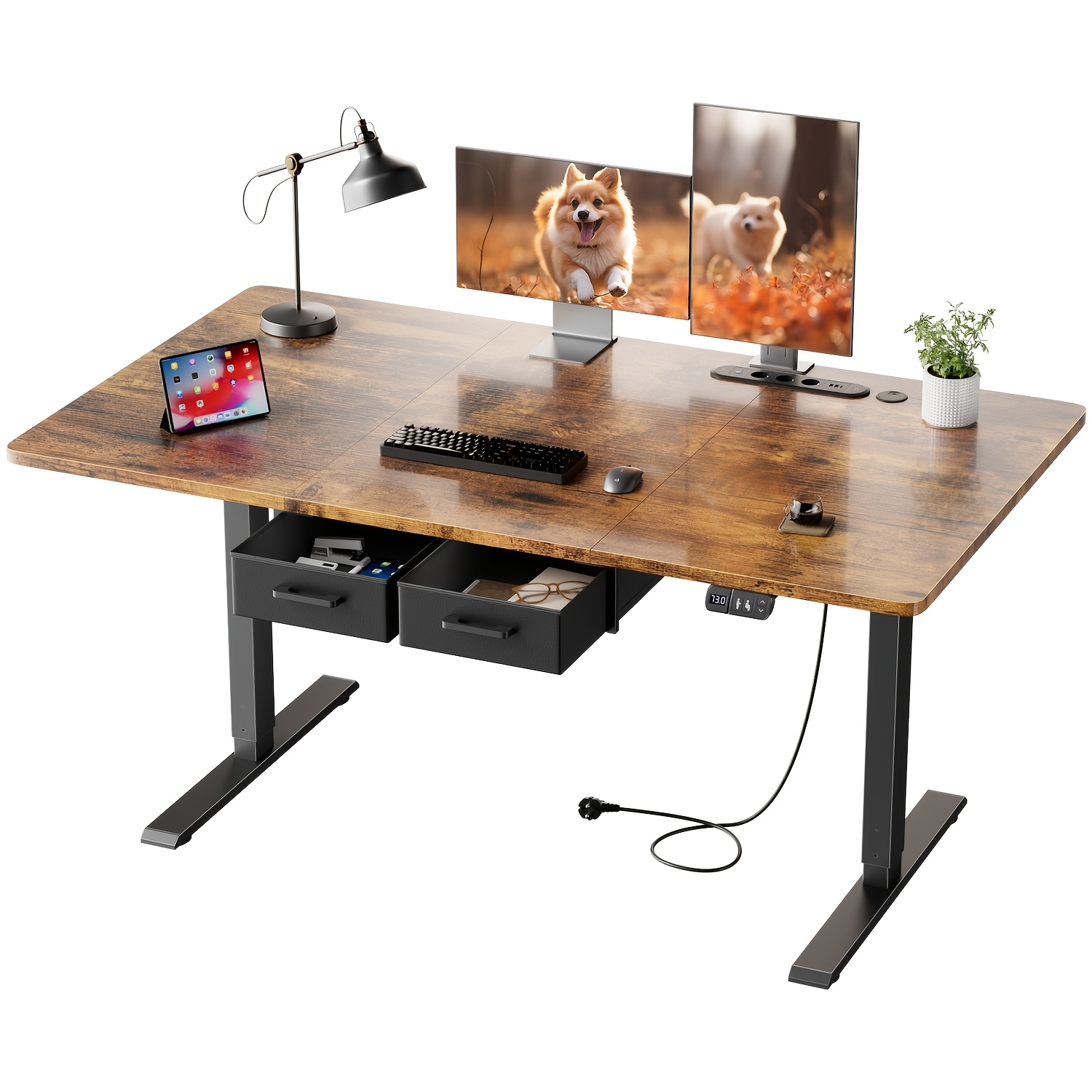 TEMU Bureau Électrique Réglable en Hauteur avec 2 Tiroirs, Prises Intégrées sur le Plateau Ergonomique - Solution Polyvalente pour Bureau à Domicile,