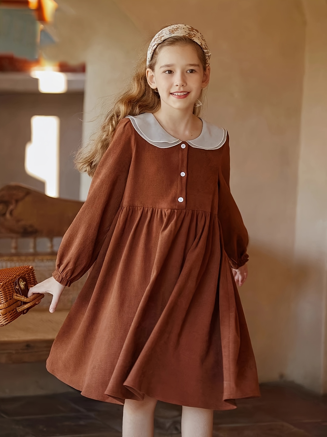 Girls' Dress, Sweet and Stylish Vintage Loose-Fit Spring Outfit, New  Long-Sleeve Midi Dress for Spring and Autumn, Children's Dress