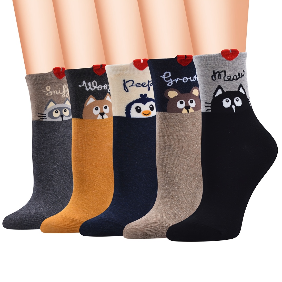 Image of 5 Pairs Of Mid-calf Socks Suitable For Autumn And Winter For Men And Women - Breathable, Moisture-wicking, Warm, And Soft Casual Socks Featuring Cartoon Designs Of Cats And Dogs, Hearts, And Letters