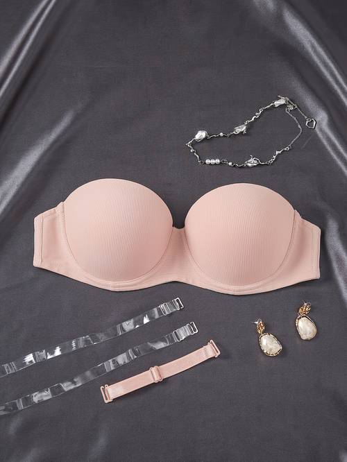 Solid Half Cup Underwire Strapless Bra, Elegant Comfy Push Up Bra, Women's Lingerie & Underwear
