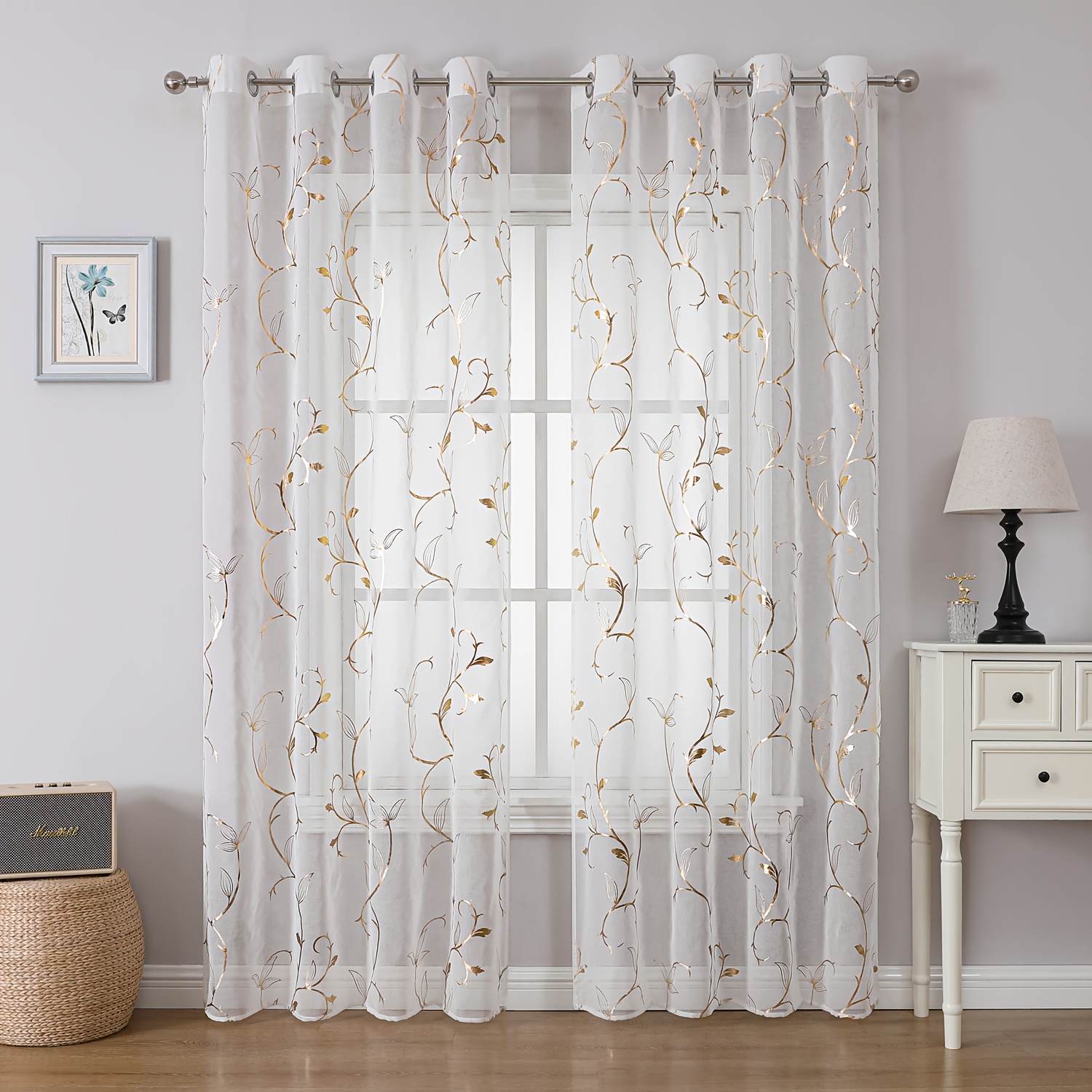 TEMU 2pcs White Sheer Curtains With Golden And Silvery Vine Patterns, Light Filtering Opaque, , . Suitable For Hotels, Offices, Schools, Country