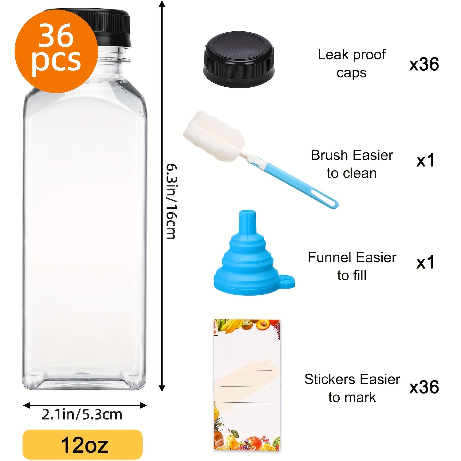 TEMU Tomnk Empty Plastic Bottles, Smoothie Bottles With Lids, Bulk Juice Bottles With Funnel And Brush, For Juice, Coffee, Or Any Drinks, For Wedding, Party, Birthday. Funnel & Brush (color Random).