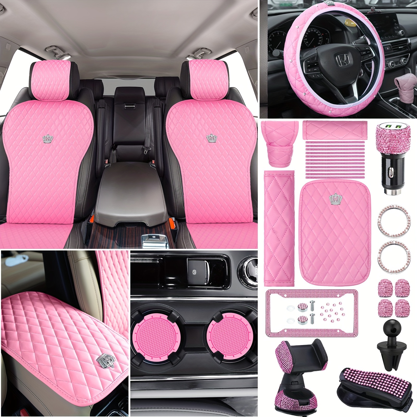 pink car accessories set front car seat covers set steering wheel center console seat belt cover bling car interior sets phone glasses holder adapter car license frames for women 33 pcs
