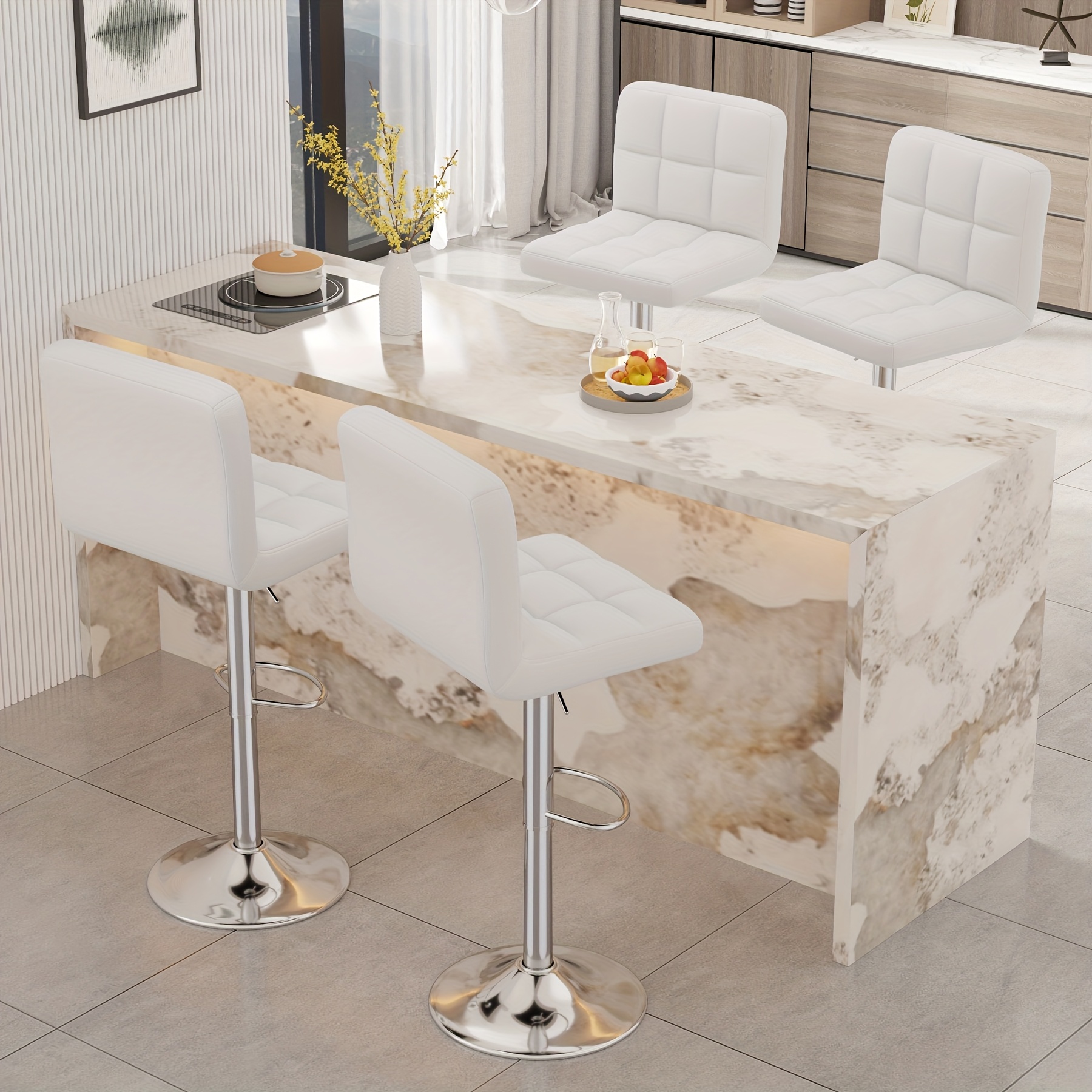 Set of 2/4 Bar Stools! These Adjustable PU Leather Swivel Stools Feature a Modern Design with a Backrest And Footrest, Perfect for Use in an Office, Bar, Kitchen, Or Dining Area