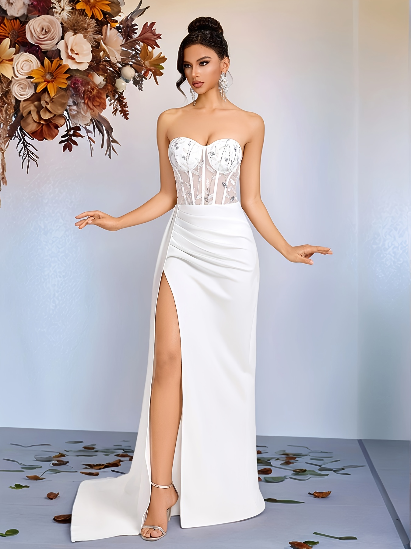 bodycon wedding dress guest Queendancer Women Black and White Ruched Midi Mother of the Bride Dress  with Bow Sash Bodycon Satin One Shoulder Wedding Guest Dress with Sleeves –  queendancer main image 0