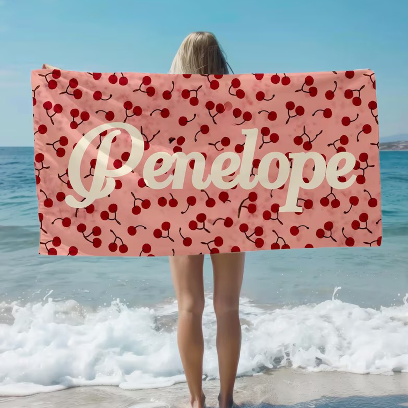 TEMU Personalized Cherry Beach Towel Custom Name Summer Pool Blanket Cute Vacation Gift For Her Bridesmaid Bachelorette Essentials