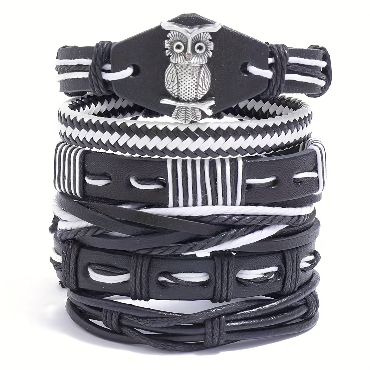 

6 Pcs Leather Braided Bracelet, Medieval Leather Cuff Wristband With Owl