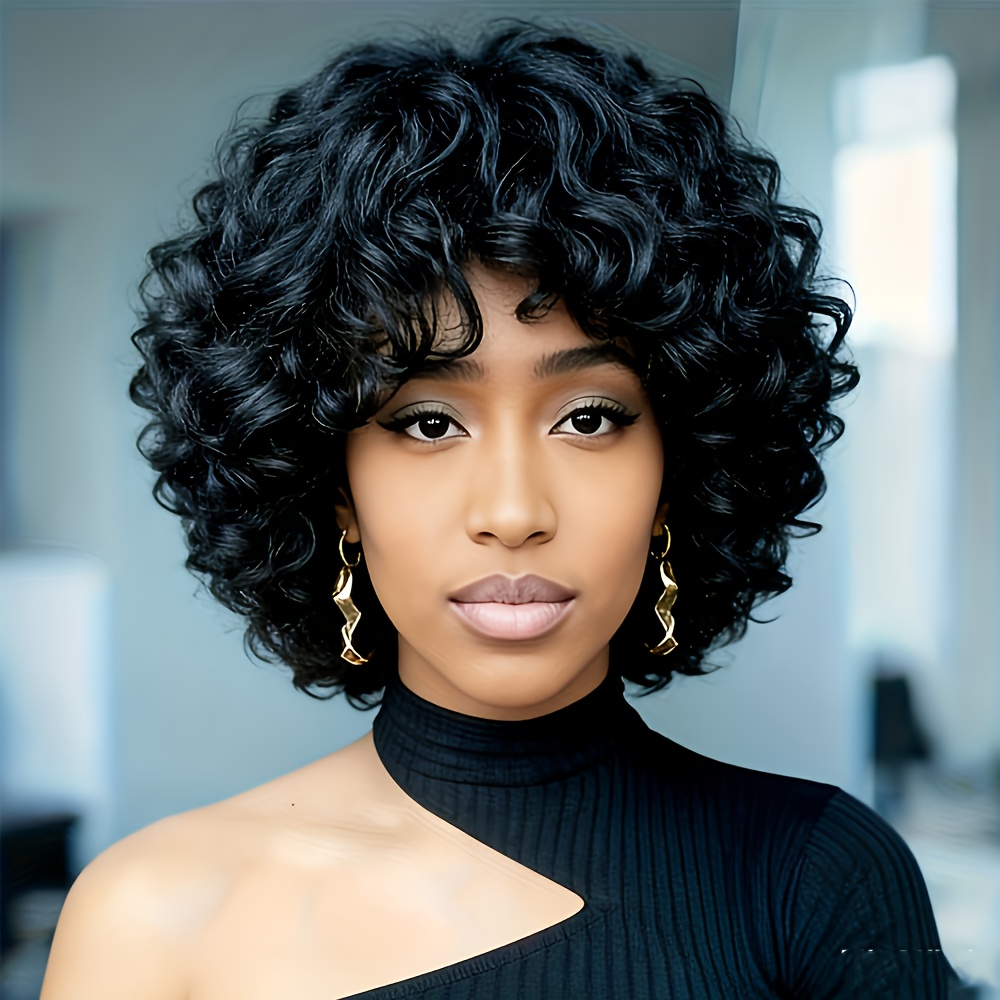 TEMU Glueless Human Hair Wig With Bangs | Real Human Hair For African Women & All, 200% Density Non-lace, Short Curly Bob Cut, Deep Wave Curls, Light Beige Tones