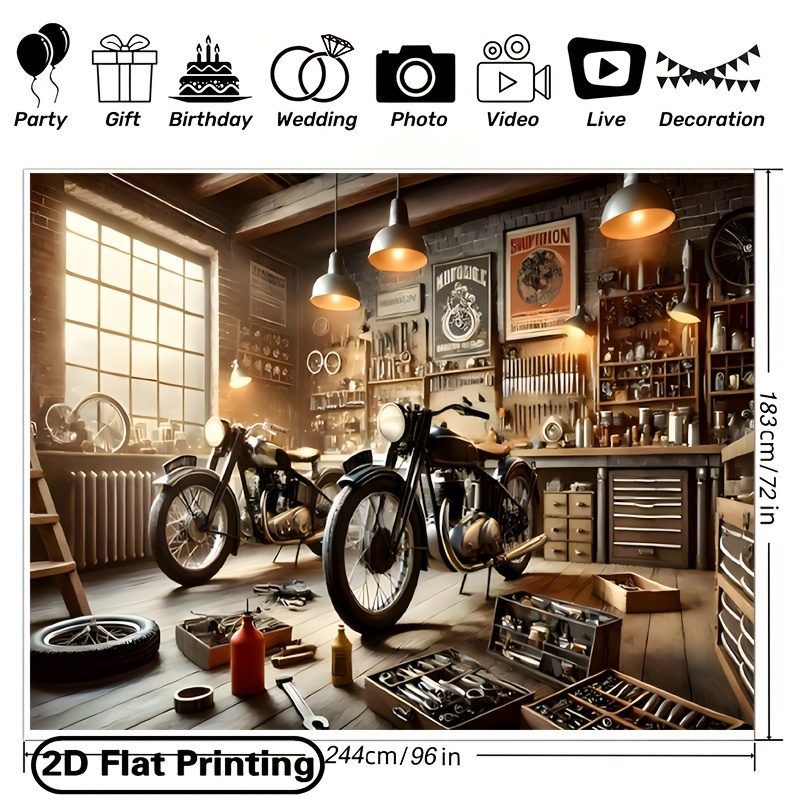 TEMU 2d Flat, 2d Flat - 2d Flat, 2d Flat - A 2d Flat Banner Measuring 243.84x182.88cm, Featuring A Motorcycle Garage Scene With Vintage Bikes, Tools,