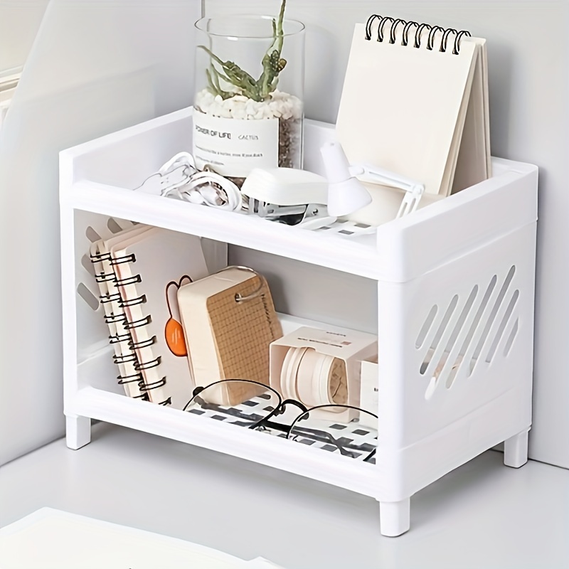 

Plastic Makeup Organizer Double Tier Storage Rack - Freestanding Cosmetic Display Shelf For Bathroom, Office, Dorm Desk - Lightweight, No Electricity Needed