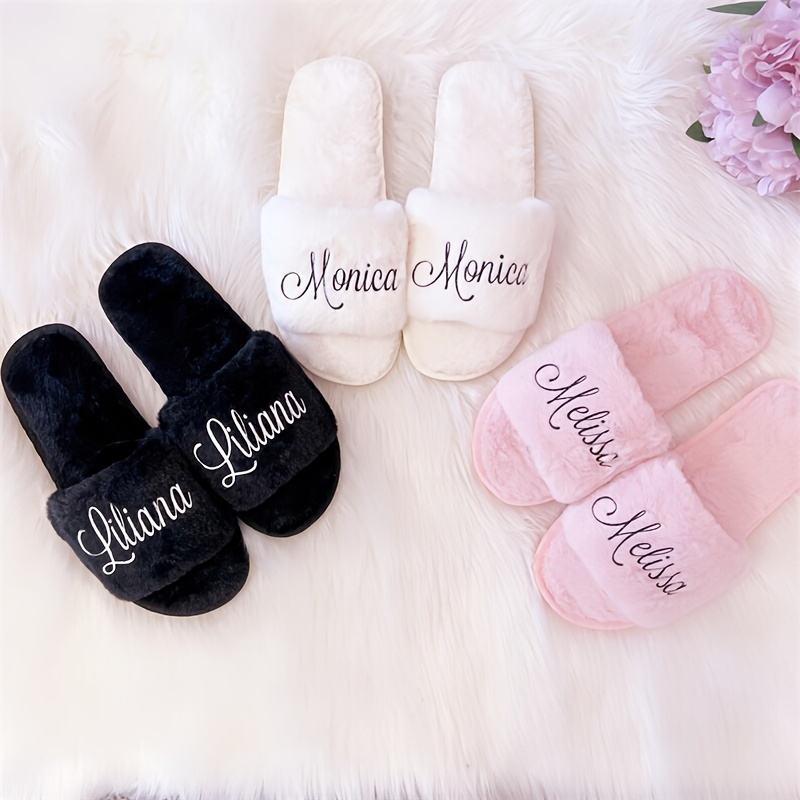 

Personalized Plush Bridal Slippers For Women - Customizable Pearl Accents Slippers For Bridesmaids, Anniversary, Wedding, Friends, And Moms - Solid Color, Handwashable Fabric Upper With