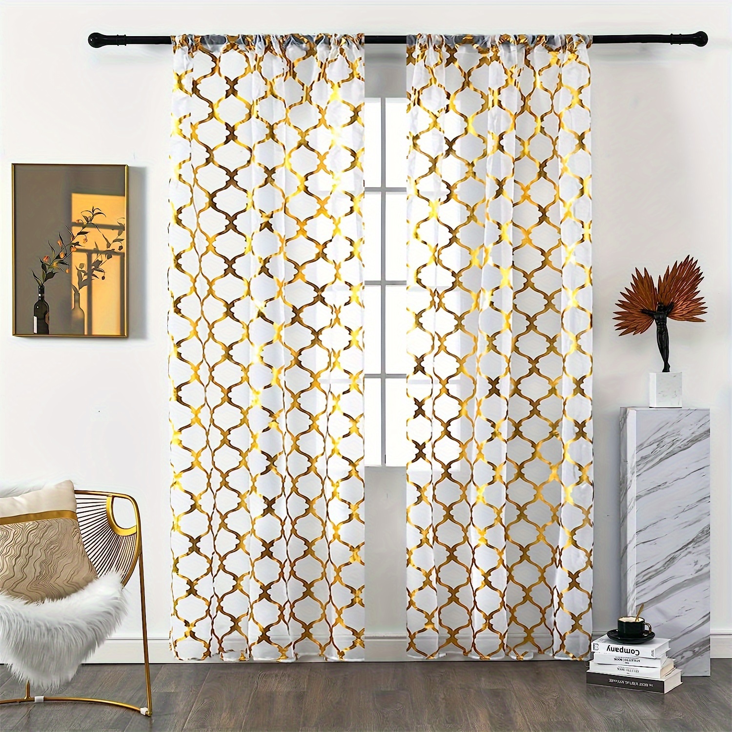 

2pcs Golden Geometric Pattern Curtain Printed Semi Blackout Gauze Curtains For Living Room & Bedroom Window Decoration Home Decor