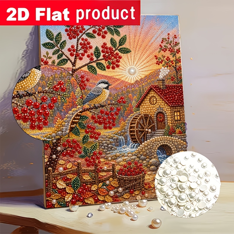 TEMU Nouveau kit de peinture diamant DIY perles colorées automne/hiver : Un chalet avec des rouges sur des branches sous le chaud , à d'un ruisseau