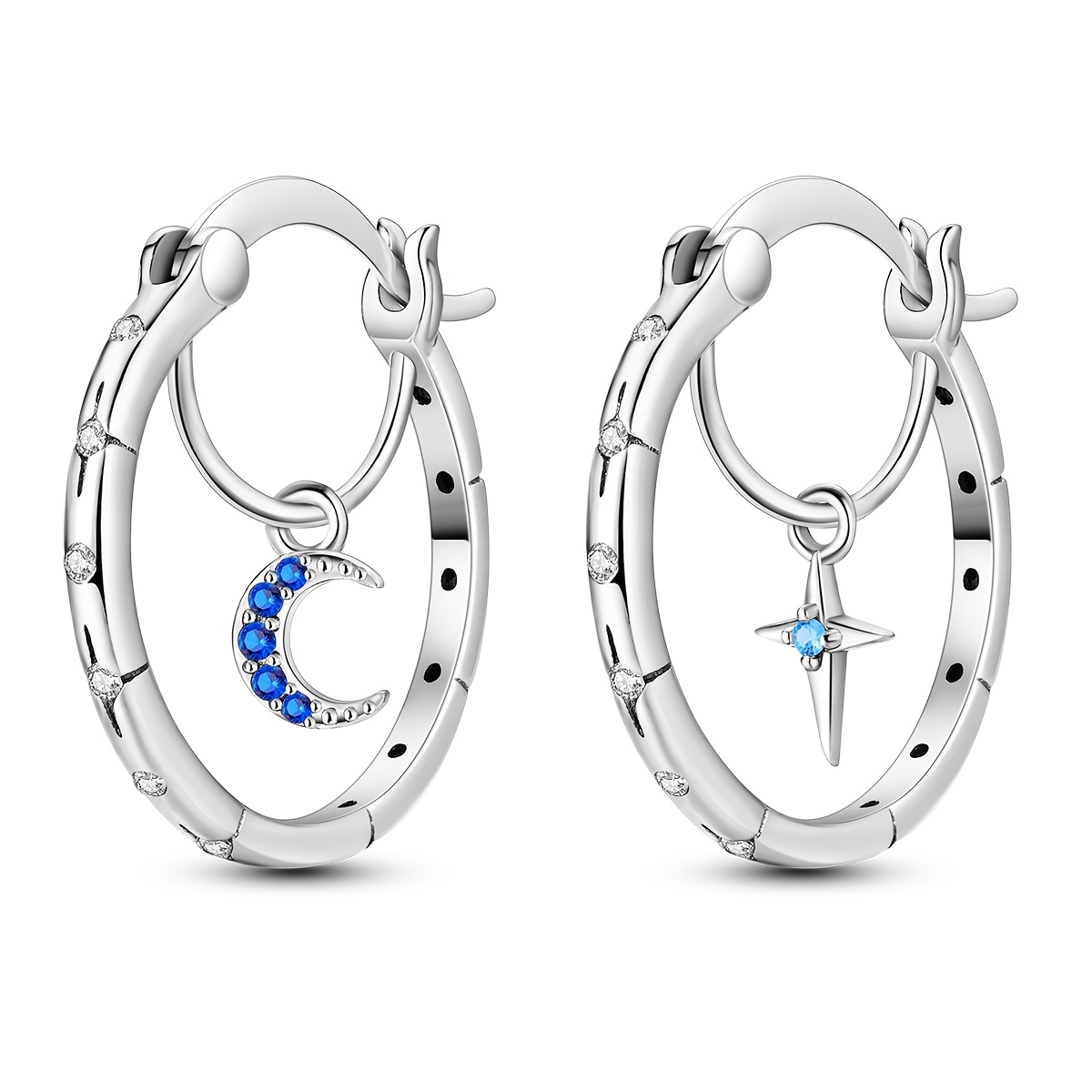 Image of 1 Pair Original 925 Sterling Silver Asymmetrical Inner Star And Moon Earrings For Women Jewelry Gifts