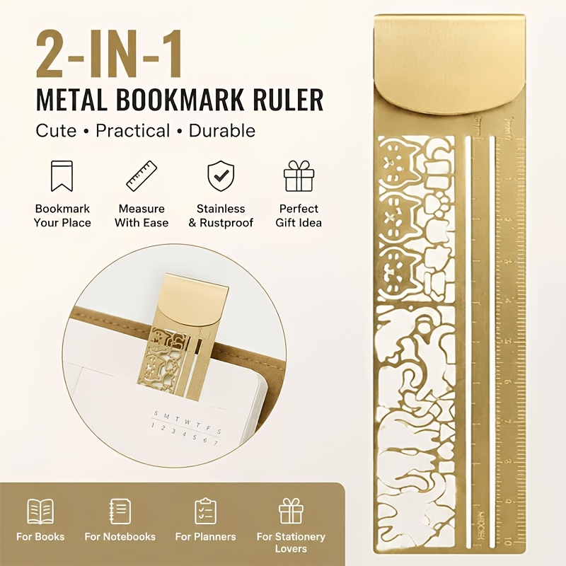 TEMU Joli Règle-Marque-Page Chat 2-en-1 en Métal, Règle-Marque-Page Chat, Marque-Pages Pochoirs en Métal, Multifonctionnel Droit avec Outil de Mesure
