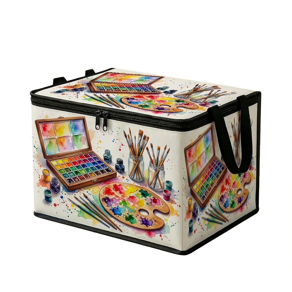 TEMU 1 pièce Bac de rangement pliable de grande avec couvercle, tissu , (motif aquarelle de bureau), organisateur à fermeture éclair robuste pour