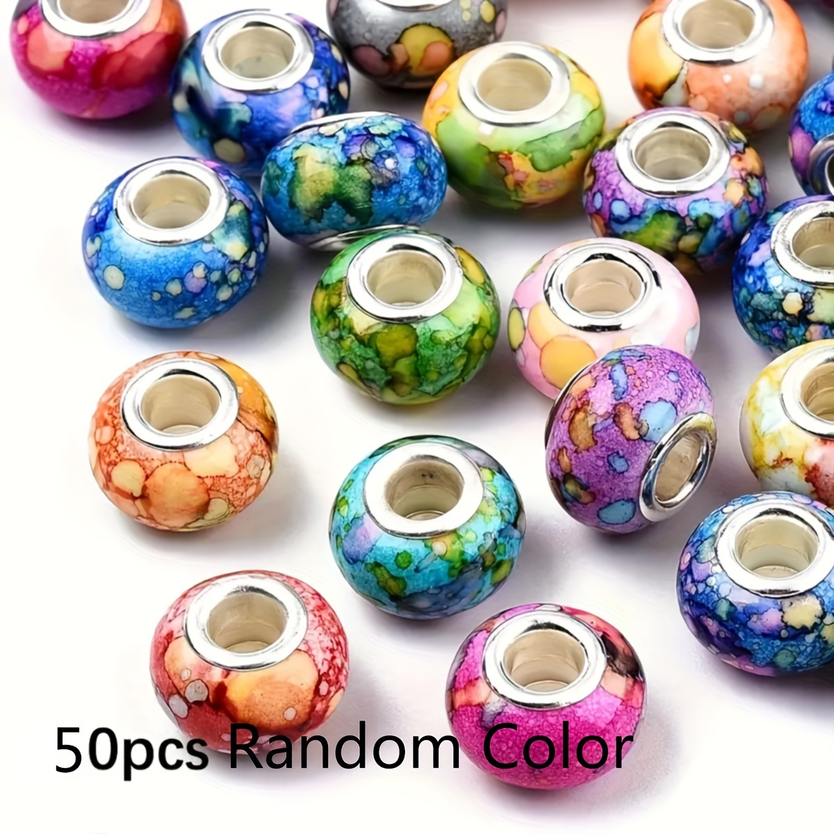 TEMU 30/50pcs (color Random) Silvery Core Acrylic Large Hole Beads, Handmade Jewelry Diy Bead Matchinground Beads - Suitable For Bracelets, Necklaces, Diy Pens, Jewelry Making, And Macrame Weaving!