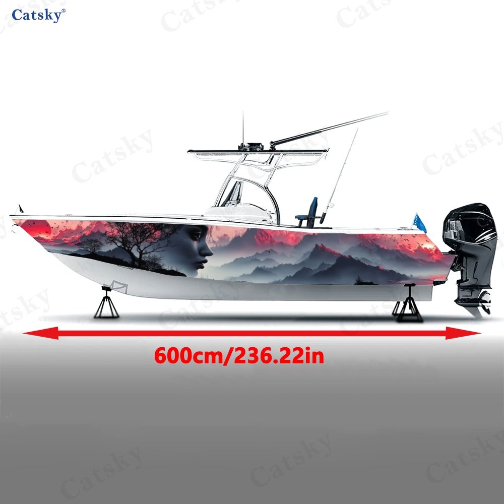 Vibrant Boat Wrap Film with Woman's Profile & Sunset Design