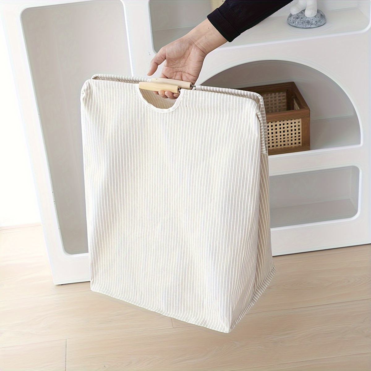 1pc large dual handle laundry basket waterproof tall fabric organizer with striped interior for bedroom bathroom dorm ideal for clothes toys storage more laundry room accessories laundry baskets details 0