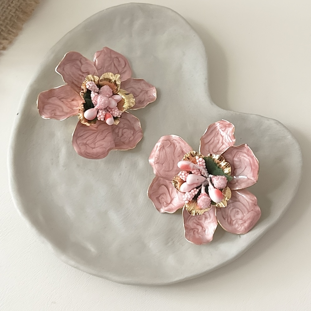 TEMU 1 Pair Retro Rendered Colorful 3d Camellia Flower Earrings, Light Premium