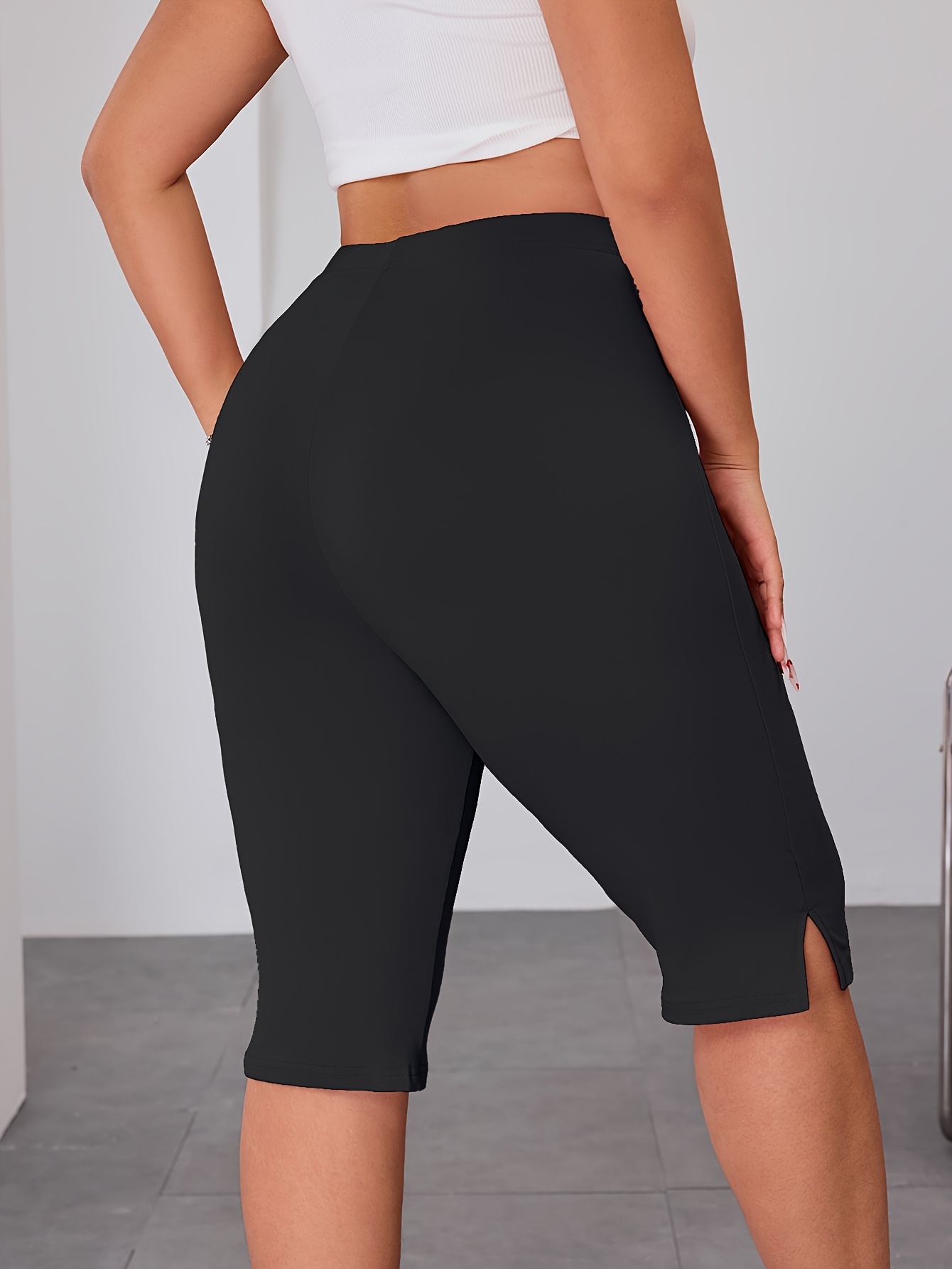 Plus Size, Plus Size High-Waisted Leggings with Side Slit - Stretchy Solid Black Pants for Women, Machine Washable & Dry Cleanable, Spring Summer Fall Casual Wear, Pants, Seasonal, Highwaisted Design, Medium Elasticity, Nontransparent Fabric, Bottoms, Breathable Material, Enthusiasts