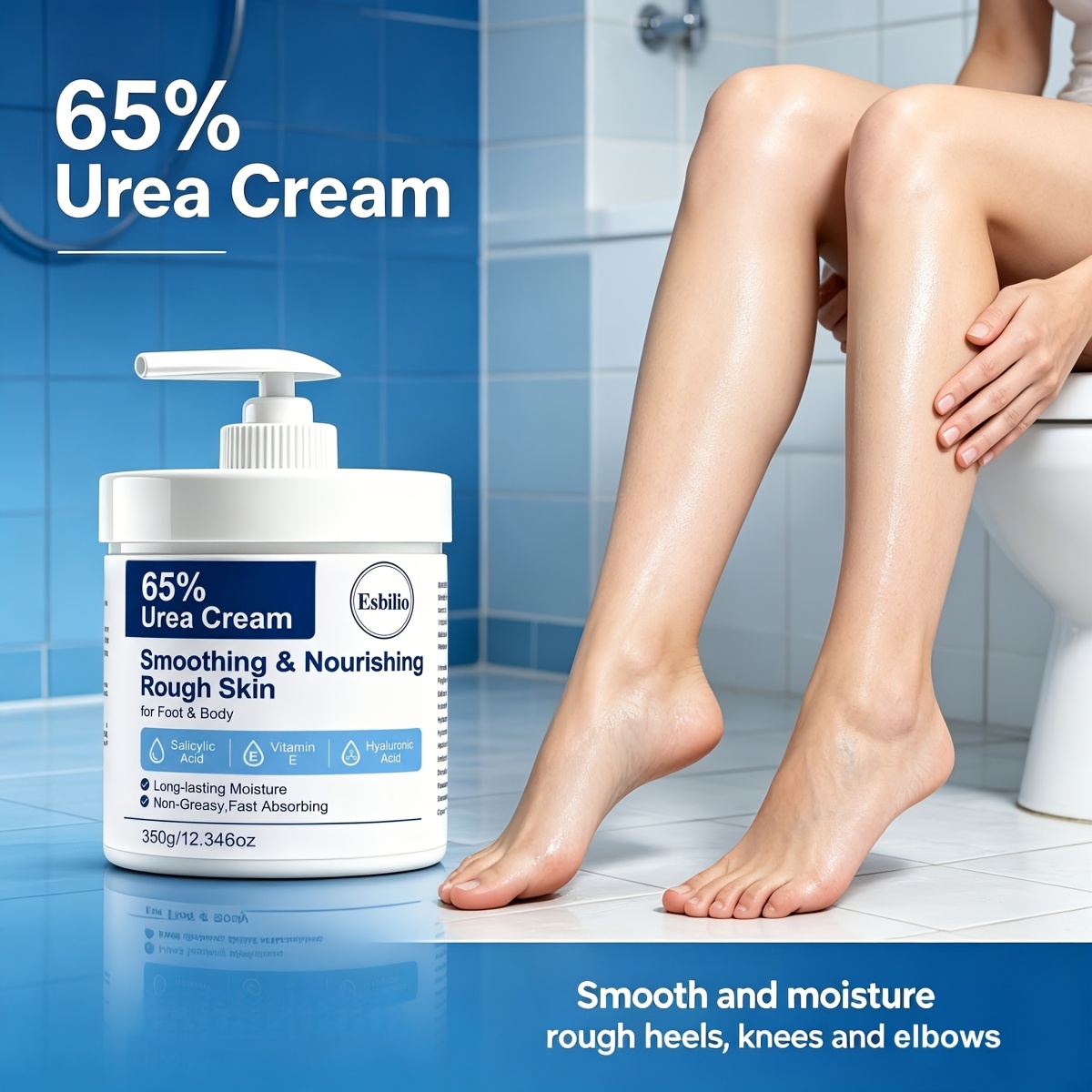 ESBILIO 350g 65% Urea Cream Suitable for Rough Dry Cracked Skin on Heels, Knees, Elbows & Hands - Fast-Absorbing Non-Greasy Formula with Salicylic Acid, Vitamin E & Hyaluronic Acid for, Hydration & Smoothing